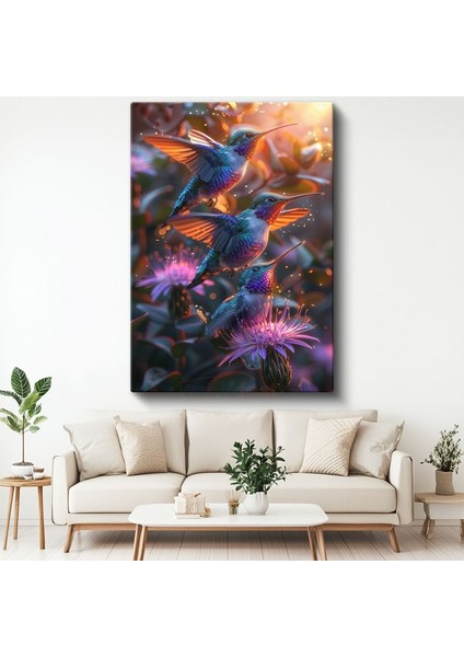 Sinek Kuşları - Çiçekler Arasında Renkli Kanatlar Kanvas Tablo