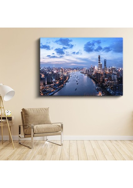 Şanghay Nehri - Işıklı Gökdelenler Panoraması Kanvas Tablo
