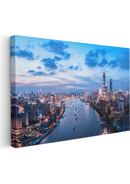 Şanghay Nehri - Işıklı Gökdelenler Panoraması Kanvas Tablo modelleri