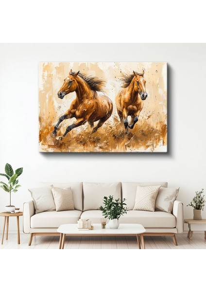 Koşan Atlar - Yağlı Boya Kahverengi Ikili Kanvas Tablo