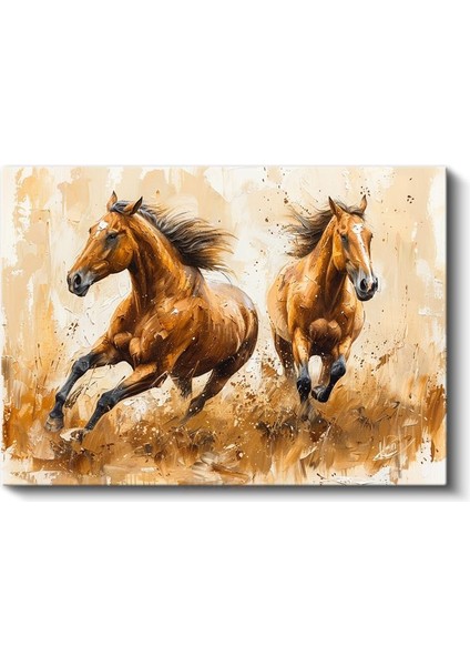 Koşan Atlar - Yağlı Boya Kahverengi Ikili Kanvas Tablo fiyatları