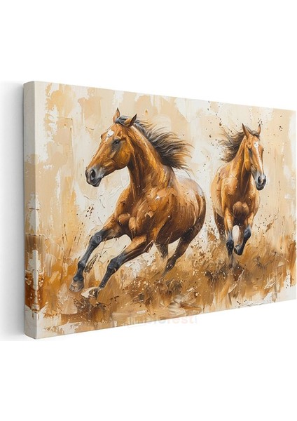 Koşan Atlar - Yağlı Boya Kahverengi Ikili Kanvas Tablo modelleri
