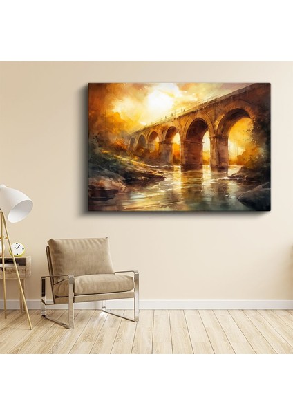 Taş Kemer Köprü - Altın Işıklı Suluboya Mimari Kanvas Tablo