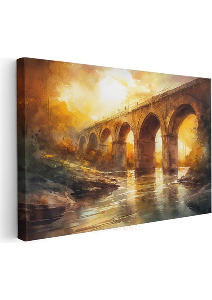 Taş Kemer Köprü - Altın Işıklı Suluboya Mimari Kanvas Tablo modelleri