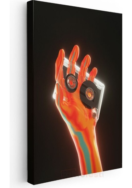 Dijital Nostalji - Neon Renkli El ve Kaset Vektörel Kanvas Tablo modelleri