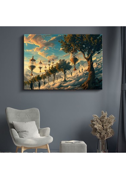 Zamanın Ağaçları - Bulutlar Üzerinde Asılı Kum Saatleri Kanvas Tablo