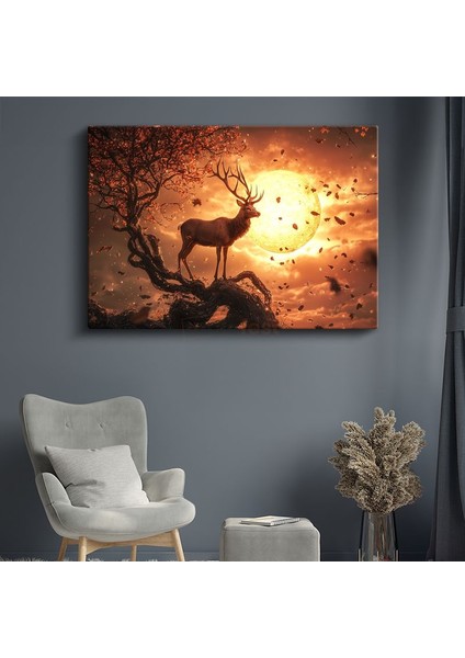 Alev Ay - Gün Batımında Ağaç Üzerindeki Asil Geyik Kanvas Tablo