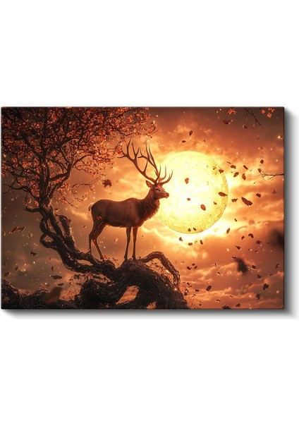 Alev Ay - Gün Batımında Ağaç Üzerindeki Asil Geyik Kanvas Tablo fiyatları