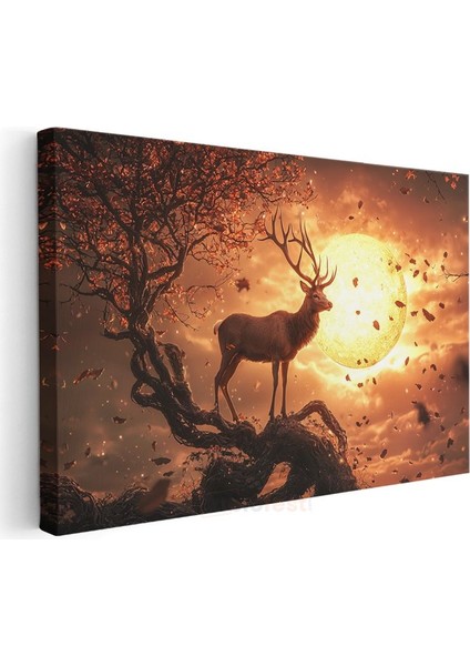 Alev Ay - Gün Batımında Ağaç Üzerindeki Asil Geyik Kanvas Tablo modelleri