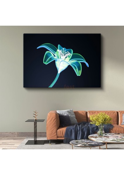 Neon Zambak - Mavi-Yeşil Tonlarında Dijital Çiçek Illüstrasyonu Kanvas Tablo