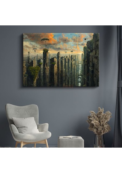 Dikey Metropolis - Gökyüzünde Süzülen Şemsiyeler Kanvas Tablo