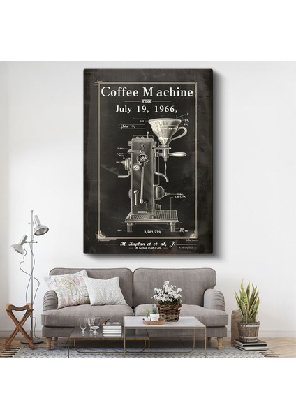 Kahve Makinesi Çizimi - 1966 Model Espresso Ekipmanı Kanvas Tablo