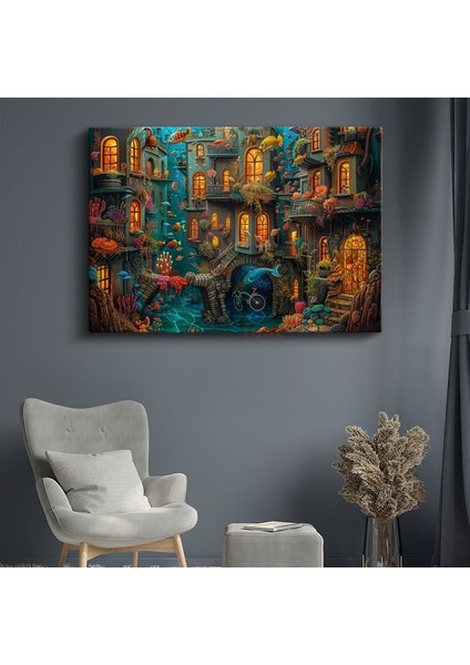 Işıklı Sualtı Şehri - Renkli Balıklarla Çevrili Fantastik Mimari Kanvas Tablo