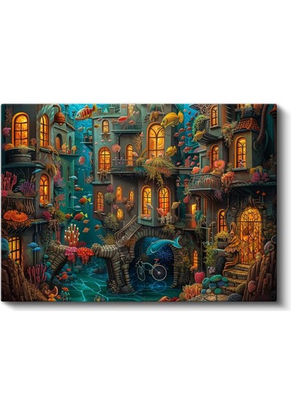 Işıklı Sualtı Şehri - Renkli Balıklarla Çevrili Fantastik Mimari Kanvas Tablo fiyatları
