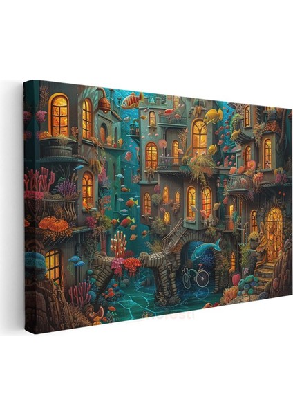 Işıklı Sualtı Şehri - Renkli Balıklarla Çevrili Fantastik Mimari Kanvas Tablo modelleri