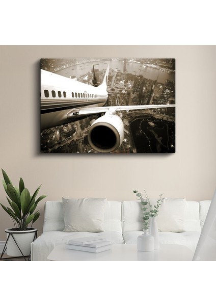 Yolcu Uçağı - Şehir Manzarası Üzerinde Uçan Jet Kanvas Tablo