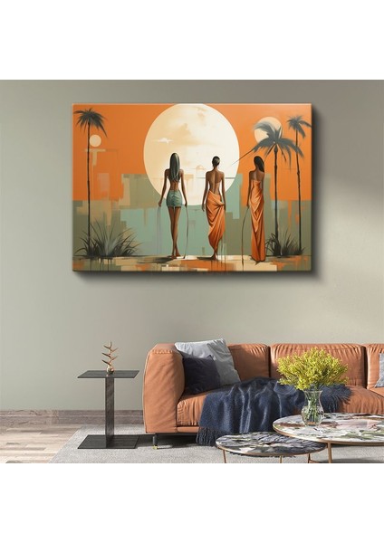 Gün Batımı Silüetler - Turuncu Yeşil Vektörel Kanvas Tablo