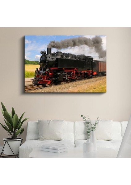 Buharlı Lokomotif - Kırmızı Detaylı Kara Tren Kanvas Tablo