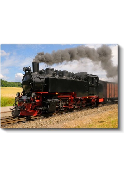 Buharlı Lokomotif - Kırmızı Detaylı Kara Tren Kanvas Tablo fiyatları