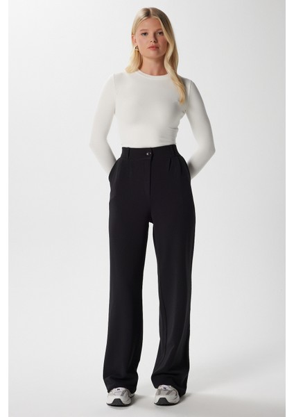 Likra Serisi Flex Bel Lastikli Esnek Siyah Palazzo Pantolon