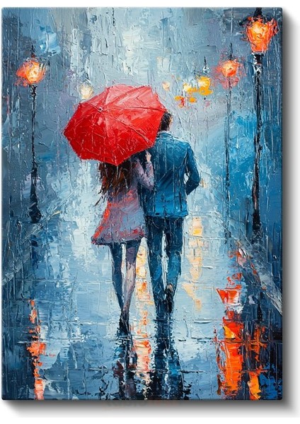 Romantik Yağmur - Kırmızı Şemsiyeli Soyut Izlenim Kanvas Tablo fiyatları