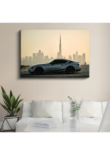 Toyota Supra - Dubai Silueti Önünde Modern Spor Araba Kanvas Tablo