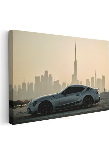 Toyota Supra - Dubai Silueti Önünde Modern Spor Araba Kanvas Tablo modelleri