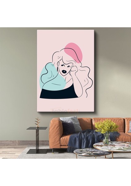 Pastel Düşler - Turkuaz Detaylı Modern Çizgi Portre Kanvas Tablo