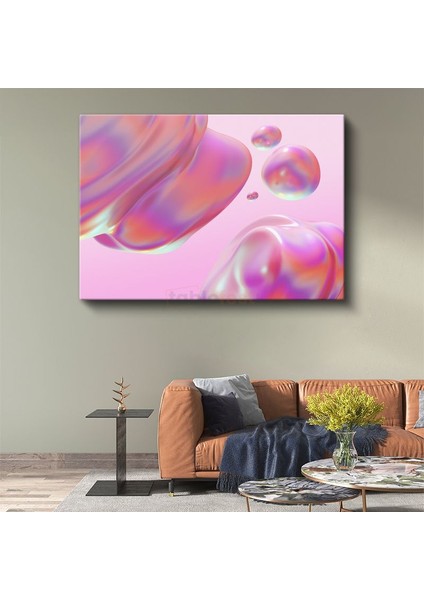 Holografik Küreler - Pembe Zeminde Iridescent Kabarcıklar Kanvas Tablo