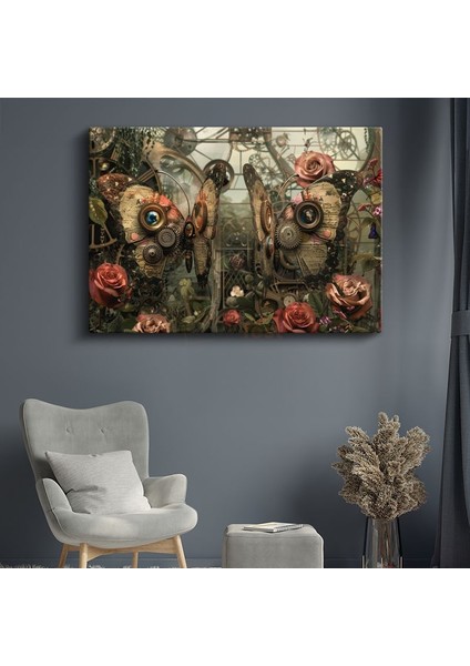 Mekanik Kelebekler - Dişliler ve Güllerle Örülü Yaşam Kanvas Tablo