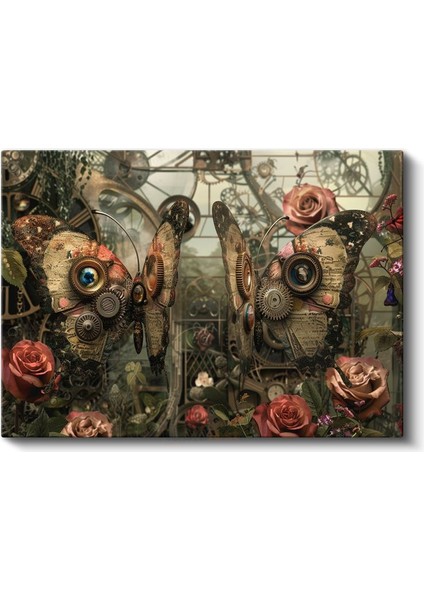 Mekanik Kelebekler - Dişliler ve Güllerle Örülü Yaşam Kanvas Tablo fiyatları