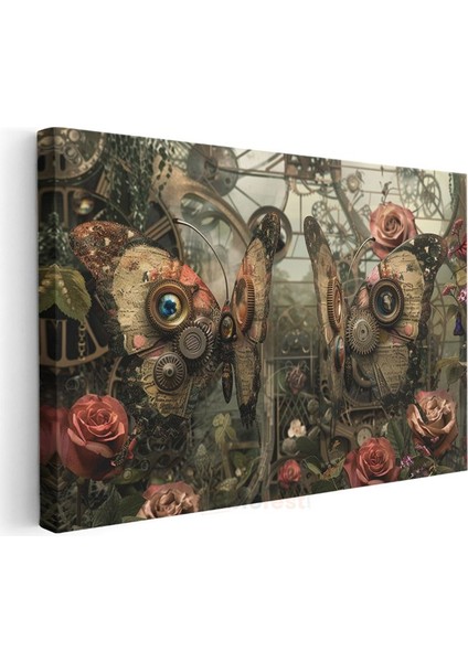 Mekanik Kelebekler - Dişliler ve Güllerle Örülü Yaşam Kanvas Tablo modelleri