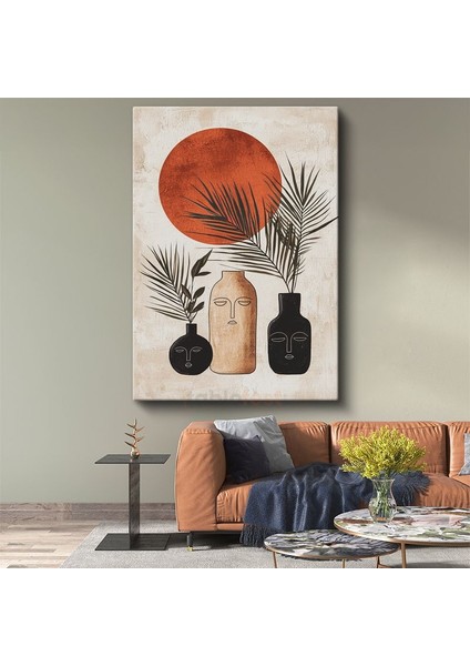 Minimalist Güneş - Geometrik Vazolar ve Yapraklar Kanvas Tablo