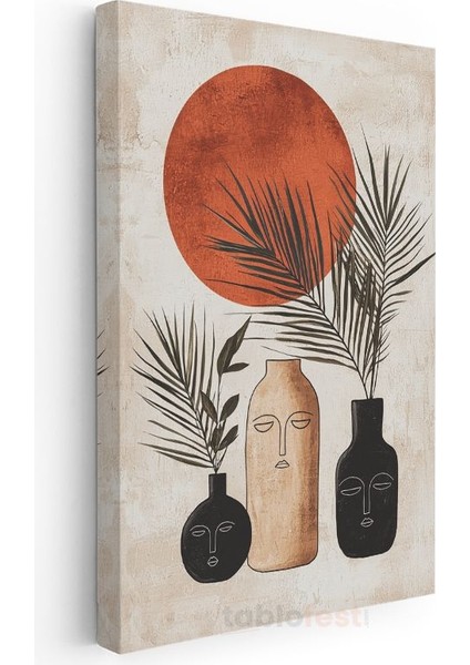 Minimalist Güneş - Geometrik Vazolar ve Yapraklar Kanvas Tablo modelleri