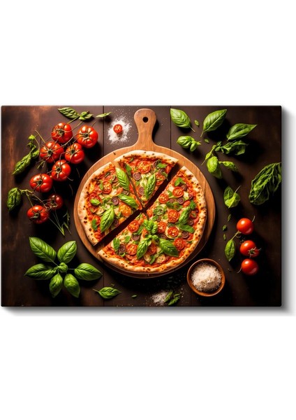 Italyan Pizzası - Fesleğen ve Domates ile Süslenmiş Lezzet Kanvas Tablo fiyatları