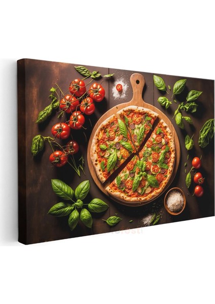 Italyan Pizzası - Fesleğen ve Domates ile Süslenmiş Lezzet Kanvas Tablo modelleri