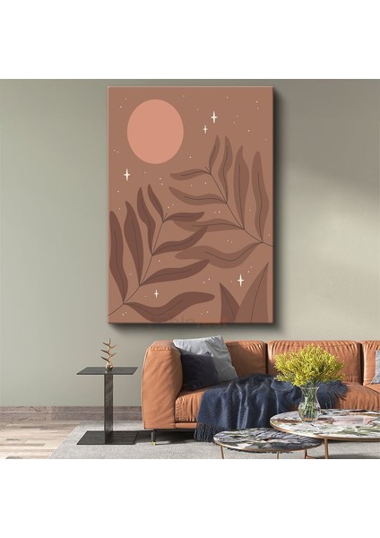 Kozmik Botanik - Minimalist Yaprak ve Ay Harmonisi Kanvas Tablo