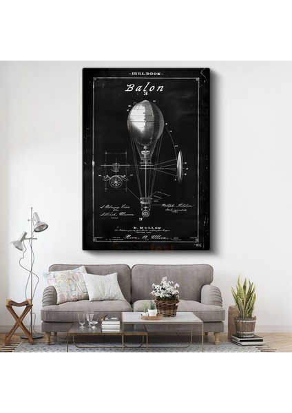 Hava Balonu - Vintage Uçuş Aracı Patent Çizimi Kanvas Tablo