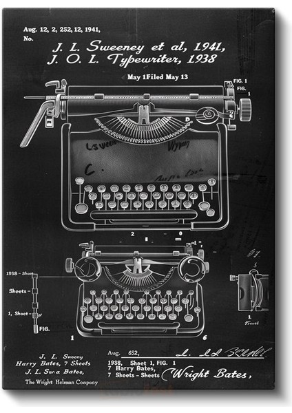 Daktilo Patent Çizimi - 1941 Yazı Makinesi Tasarımı Kanvas Tablo fiyatları