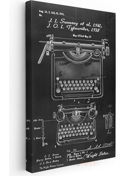Daktilo Patent Çizimi - 1941 Yazı Makinesi Tasarımı Kanvas Tablo modelleri