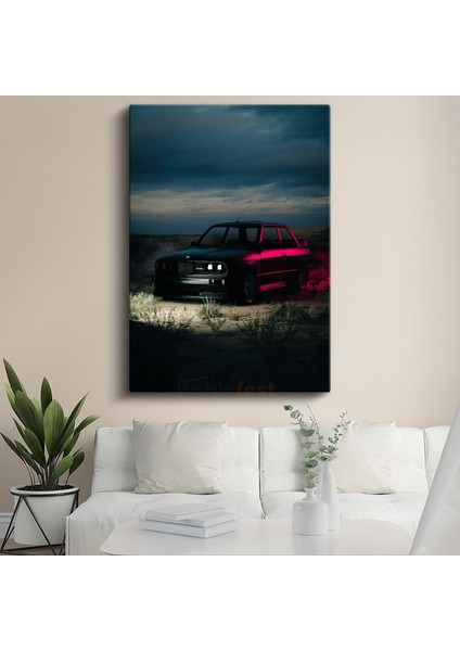 Bmw E30 - Neon Işıklı Klasik Sedan Kanvas Tablo