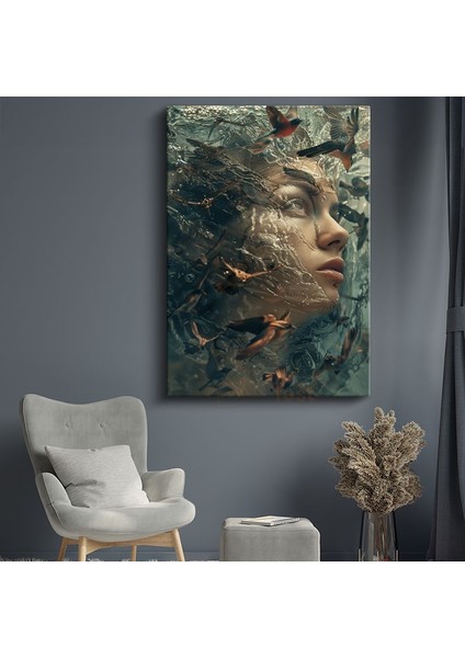Su Altı Düşleri - Insan Yüzü ve Kuşların Uyumlu Dansı Kanvas Tablo