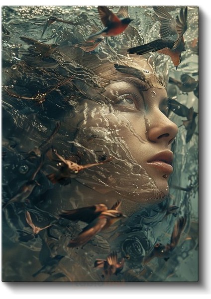Su Altı Düşleri - Insan Yüzü ve Kuşların Uyumlu Dansı Kanvas Tablo fiyatları