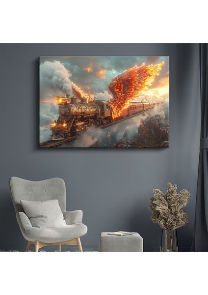 Ateş Kanatları - Bulutların Üzerinde Süzülen Alev Almış Buharlı Tren Kanvas Tablo