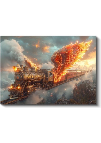 Ateş Kanatları - Bulutların Üzerinde Süzülen Alev Almış Buharlı Tren Kanvas Tablo fiyatları