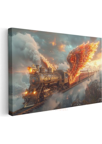 Ateş Kanatları - Bulutların Üzerinde Süzülen Alev Almış Buharlı Tren Kanvas Tablo modelleri