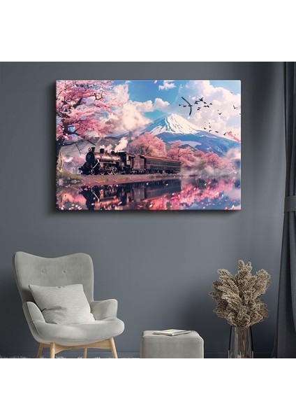 Kiraz Çiçekli Yolculuk - Dağ Eteklerinde Ilerleyen Nostaljik Tren Kanvas Tablo