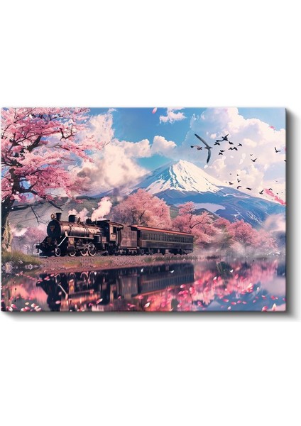 Kiraz Çiçekli Yolculuk - Dağ Eteklerinde Ilerleyen Nostaljik Tren Kanvas Tablo fiyatları