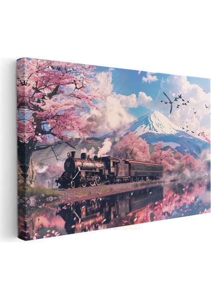 Kiraz Çiçekli Yolculuk - Dağ Eteklerinde Ilerleyen Nostaljik Tren Kanvas Tablo modelleri