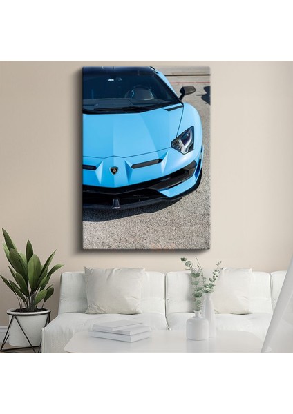 Lamborghini Aventador - Mavi Süper Spor Otomobil Ön Tasarım Kanvas Tablo